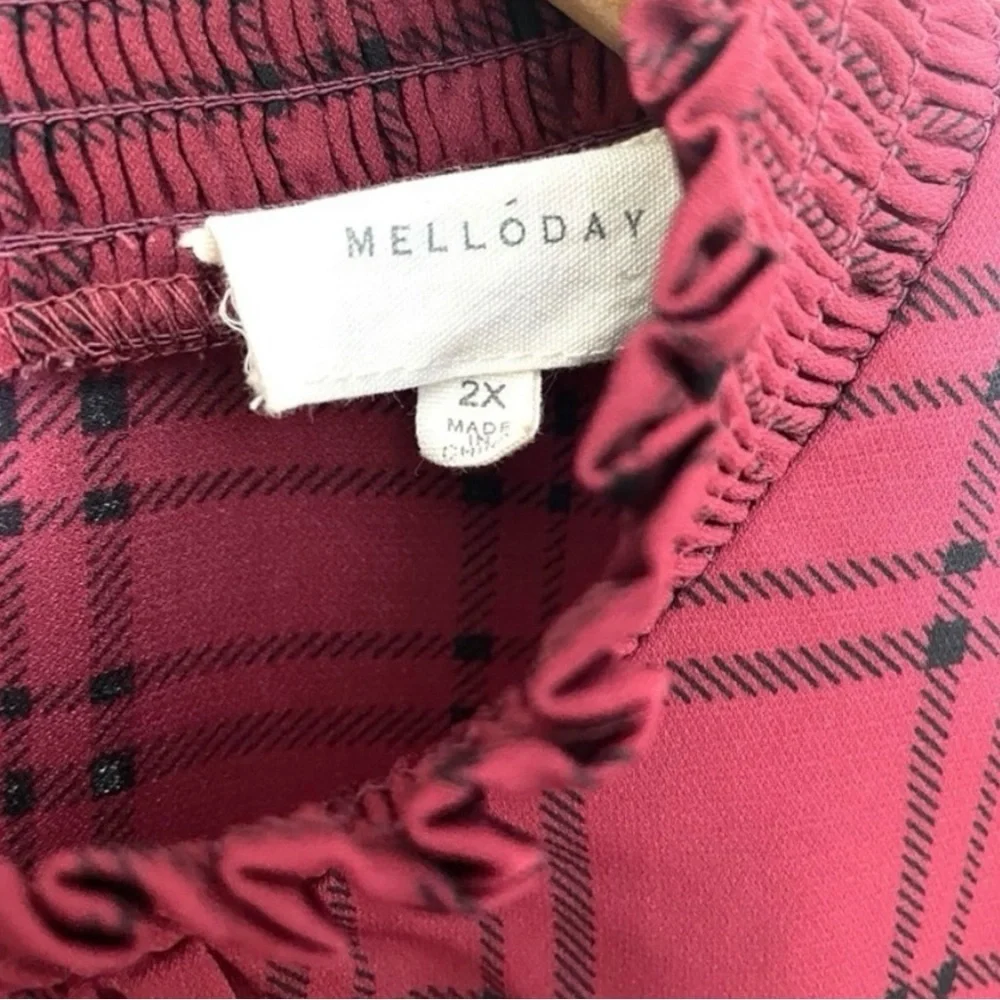 Melloday Red Black Plaid Smocked Neck Puff Sleeve Blouse Top 2X